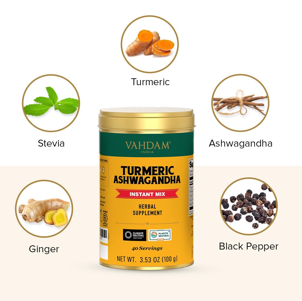 VAHDAM, Turmeric Ashwagandha - Ashwagandha with Turmeric, Ginger & Black Pepper | Non-GMO & Gluten Free | HERBAL SUPPLEMENT - 40 Servings